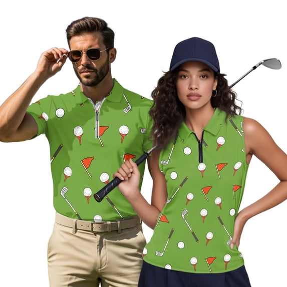 HUIACONG Matching Golf Outfits for Couples Womens Sleeveless Golf Shirts Men Short Sleeve Collared Athletic Tops Quarter Zip Quick Dry Moisture Wicking Active Wear Green Woman S