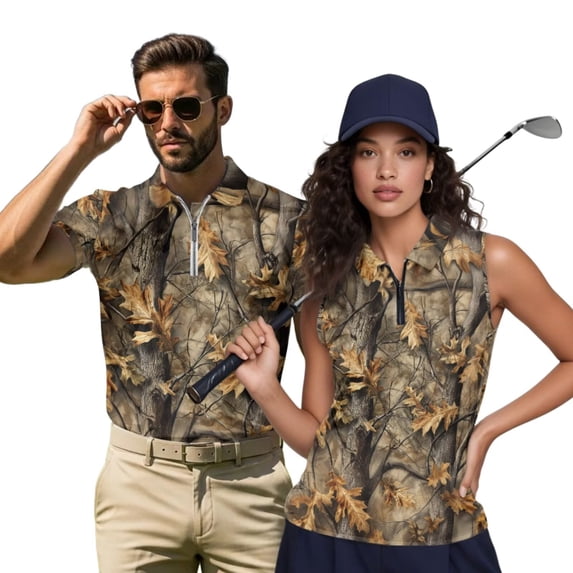 HUIACONG Matching Golf Shirts Hunting Camo Mens Short Sleeve Golf Shirt Sleeveless Golf Tops for Women Collared Moisture Wicking Lightweight Casual Sports Wear Man L