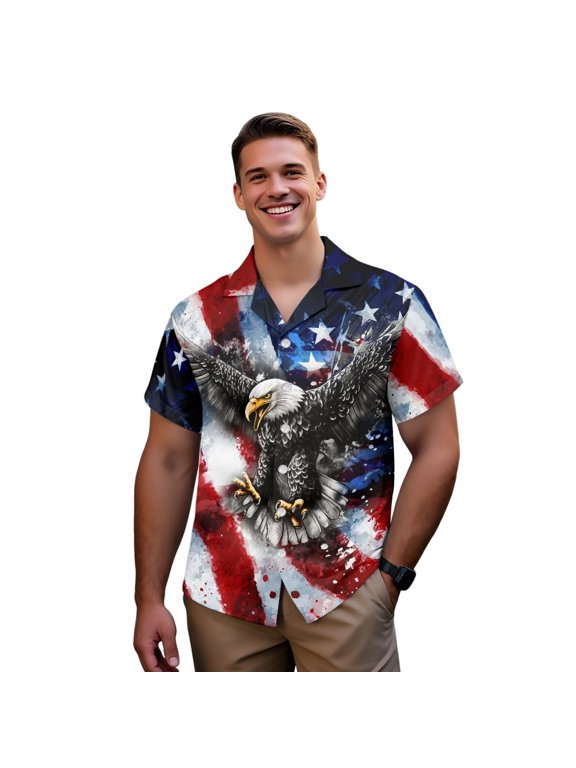 Men's Short Sleeve Hawaiian Shirt, Patriotic Bald Eagle American Flag Print Size L Tropical Button Down Shirt for Summer Beach Luau Vacation Big & Tall Fit