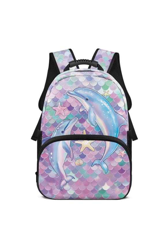 Mermaid Scale Dolphin Print School Backpack for Boys Girls Ages 6-18 Large Capacity Water Resistant Bookbag for Elementary Middle High School Daily Use