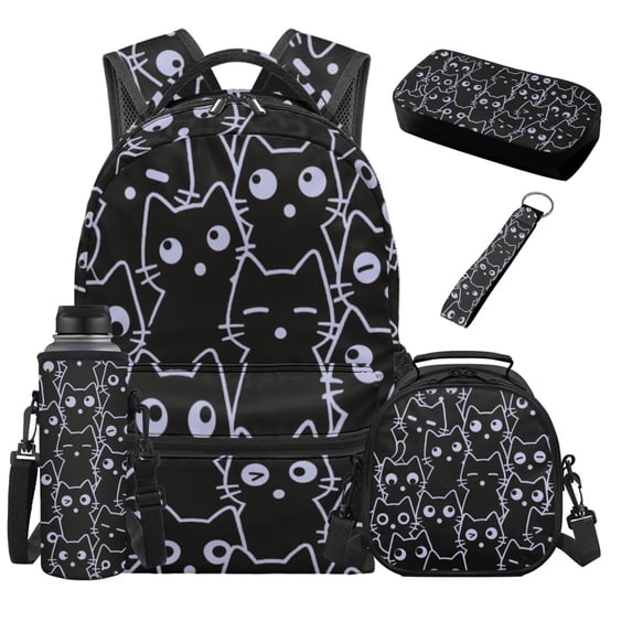 HUIACONG Minimalist Black Cat Backpack Set for Teens, 17 Inch School Bag with Lunch Box, Pencil Case, Water Bottle Sleeve, Keychain