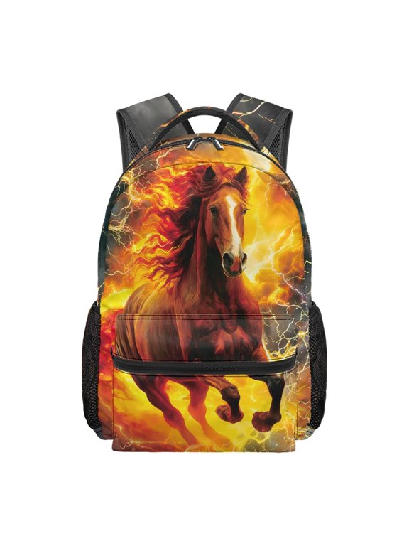 Multiple Compartments School Bag for Zoo Travel, Waterproof Student Backpack Polyester Adjustable Straps School Backpack, Fiery Lightning Horse Pattern