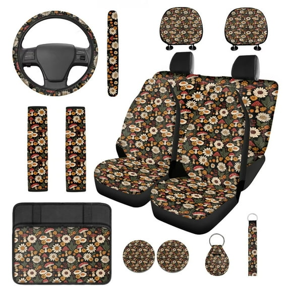 HUIACONG Mushroom Car Seat Covers for Women Full Set 14 Pcs Stylish Car Accessories with Steering Wheel Cover Armrest Cover Seat Belt Pads Headrest Cover Coasters Keychain Universal Fit