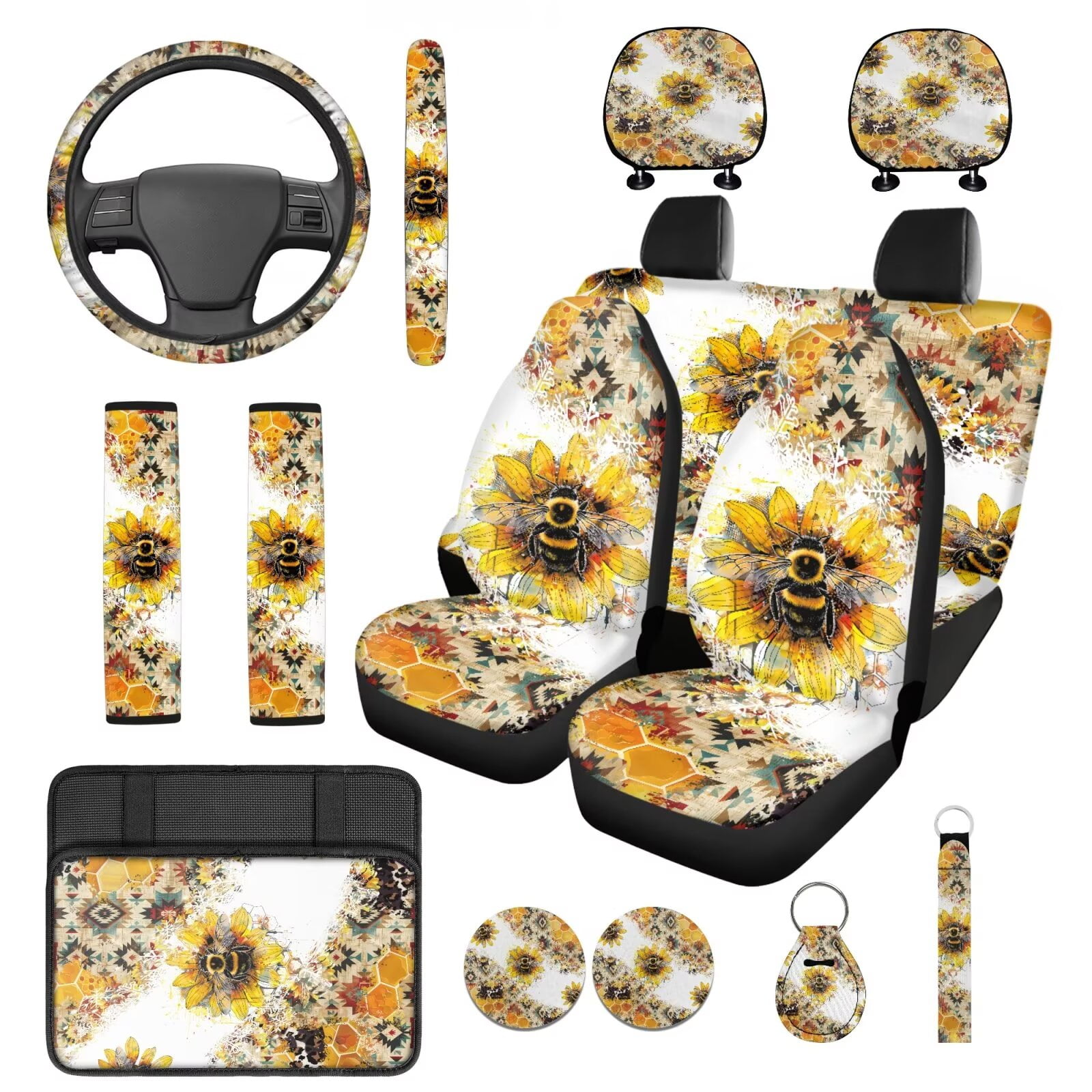 HUIACONG Floral Bohemian Car Seat Covers Full Set with Steering Wheel Cover Arm Rest Cover Seatbelt Covers Cup Holder Headrest Covers Keychain 14 Pcs Car Accessories Interior Universal Fit