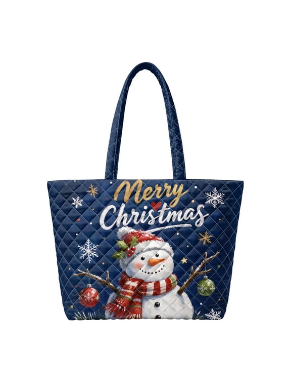 Navy Christmas Snowman Pattern Diamond Quilted Tote Bag Large Capacity Soft Padded Shoulder Handbag with Multiple Inner Compartments for Holiday Shopping Travel Daily Use