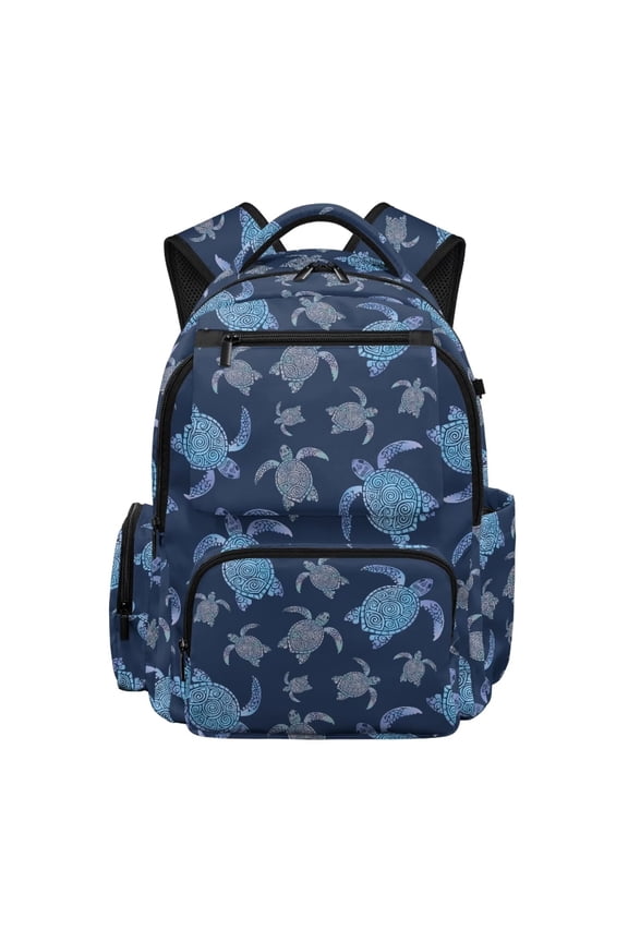Navy Tribal Turtle Print School Backpack for Teens Age 7-18 Multi Pocket Spacious Book Bag Adjustable Padded Straps Water Resistant Casual Daypack for School Travel Outdoor