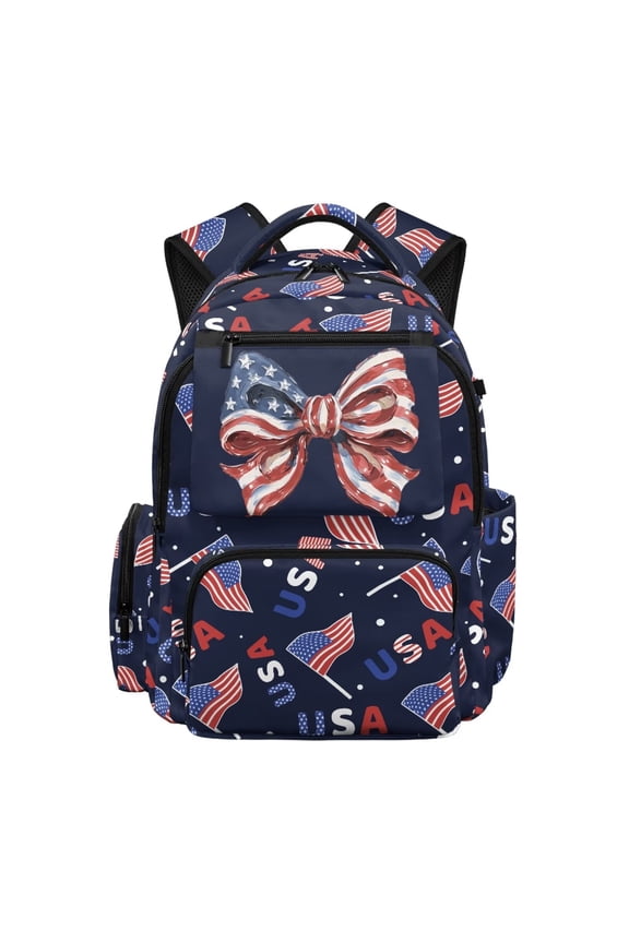 Navy USA Flag Bow School Backpack for Boys Girls Ages 6-18 Water Resistant Multi Pocket Padded Adjustable Straps Large Capacity Bookbag for Elementary Middle High School Daily Use