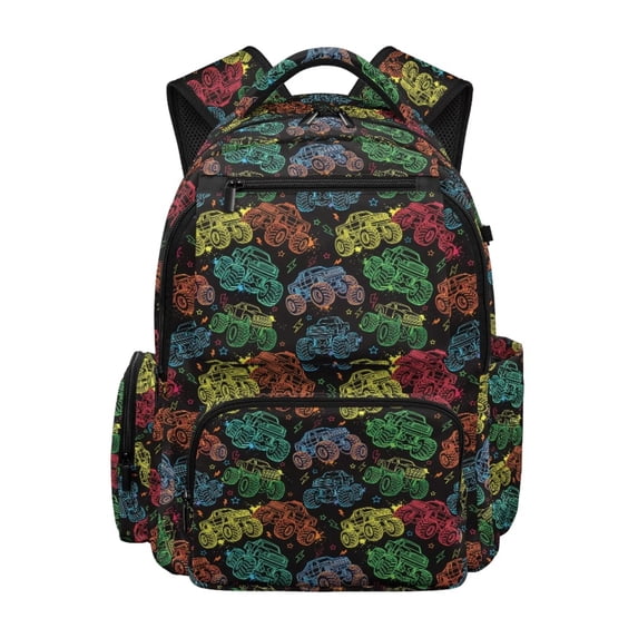 HUIACONG Neon Monster Truck Print School Backpack for Kids Boys Age 5-14 Water Repellent Multi Pocket Bookbag with Adjustable Padded Straps Sturdy Large Capacity Daypack for Elementary Travel