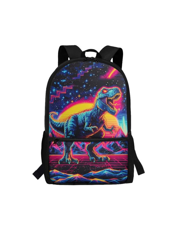 Neon T-Rex Dinosaur School Backpack for Boys Girls Age 6-18 Large Capacity Lightweight Water Resistant Bookbag for Elementary Middle High School Students Daily Use Travel
