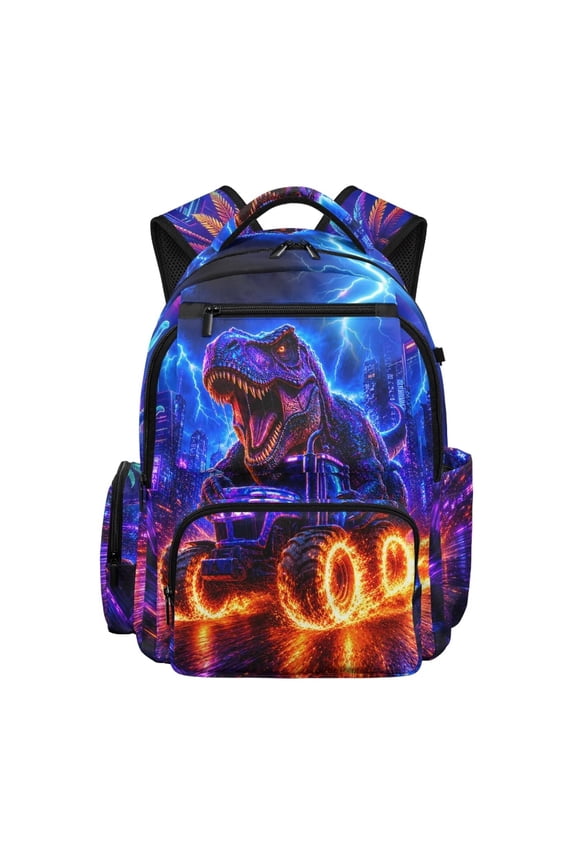 Neon T-Rex Driving Tractor School Backpack for Kids Boys 6-15, 17 Inch Multi Pocket Bookbag, Water Resistant Adjustable Padded Straps Lightweight Durable Daypack for Travel School