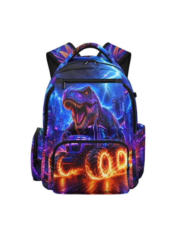 Neon T-Rex Driving Tractor School Backpack for Kids Boys 6-15, 17 Inch Multi Pocket Bookbag, Water Resistant Adjustable Padded Straps Lightweight Durable Daypack for Travel School