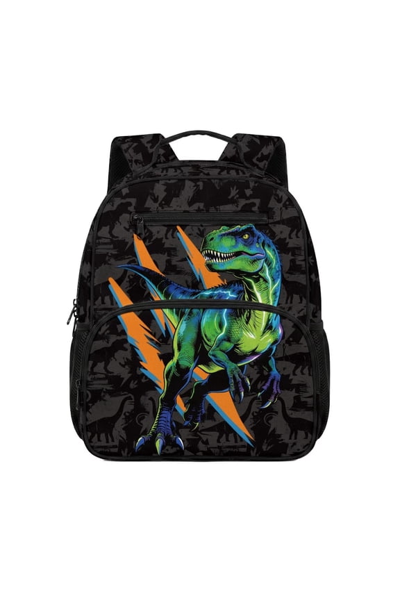 Neon T-Rex Print Backpack for Kids Boys Girls Age 3-10, 13.5 Inch Large Capacity Water Resistant School Bookbag with Adjustable Padded Straps Multi Pockets for Travel & Daily Use