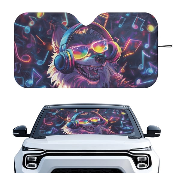 HUIACONG Neon Wolf DJ Pattern Foldable Sunshade UV Ray Reflector Easy Storage Car Windshield Sun Shade for Front Window Trucks Cars Trucks SUVs Vans