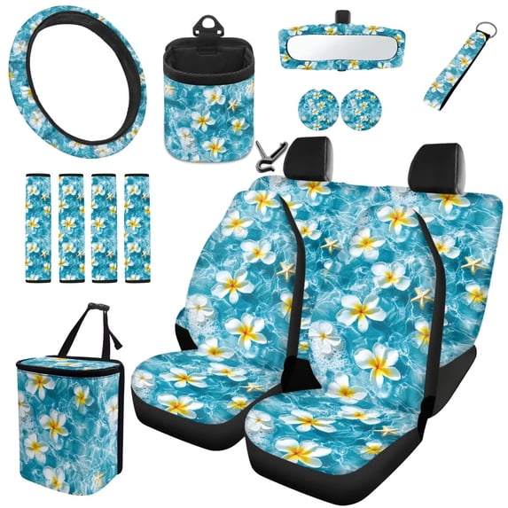 HUIACONG Ocean Plumeria Car Seat Covers Full Set 14 Pcs Universal Auto Interior Decor Front Rear Seat Covers with Steering Wheel Cover Seat Belt Pads Coasters Storage Bag Rearview