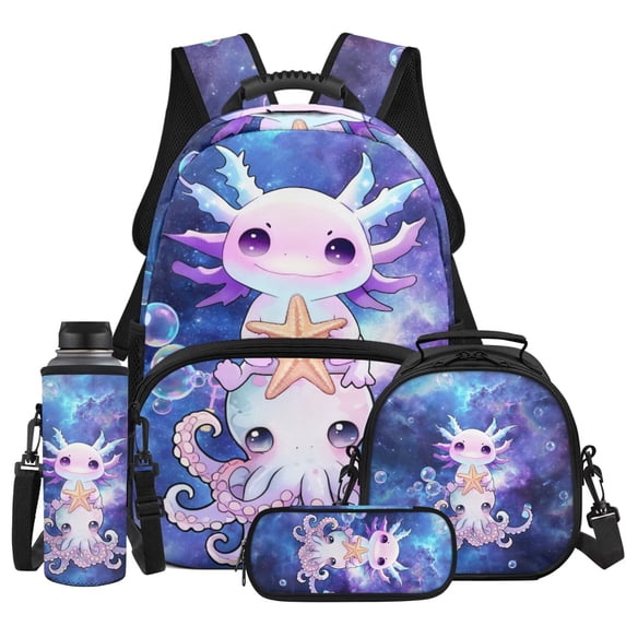 HUIACONG Ocean Starfish Axolotl Backpack for Boys and Girls, Lightweight 17 Inch School Bag 4PCS Set with Lunch Bag, Water Bottle Bag and Big Pencil Case, Multi-Compartment Bookbag for Kids