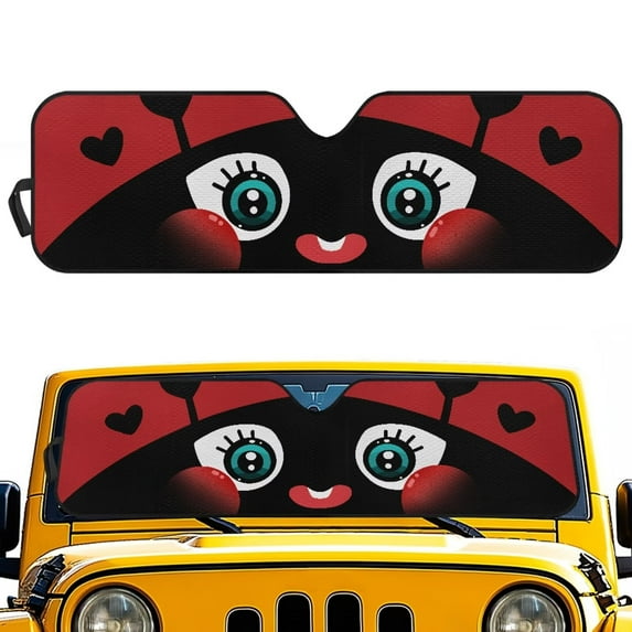 HUIACONG Red Ladybug Sun Shade Windshield Compatible with Jeep Wrangler JK JL Windshield Shade Heat Shield Windshield Cover Bolck UV Rays & Protect Car Interior
