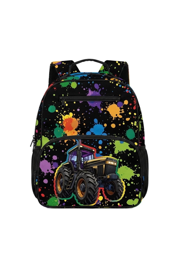 Paint Splatter Tractor Print Kids Backpack 13.5 Inch Lightweight Water Resistant School Bag with Multi Pockets Padded Adjustable Straps for Boys Girls Ages 3-12 Travel Bookbag