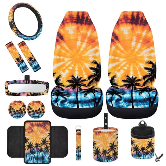 HUIACONG Palm Tree 12 Pcs Car Seat Covers Full Set Car Wheel Cover Protector Seat Belt Cover for Shoulder Pad Trash Bin for Car Car Organizer Rearview Mirror Cover Car Coasters