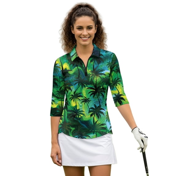 HUIACONG Palm Tree Pattern Women's 3/4 Sleeve Athletic Golf Shirts, Quarter Zip Versatile Women's Golf Polo Shirts Anti-Wrinkle Quick Dry Golf Shirt Women