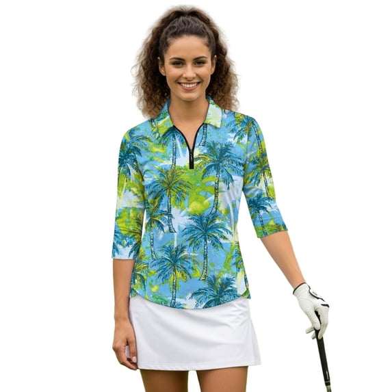 HUIACONG Palm Tree Tropical Womens 3/4 Sleeve Golf Shirts Quarter Zip Polyester Spandex Fabric with Washable Women's 3/4 Sleeve Athletic Golf Shirts for Ladies