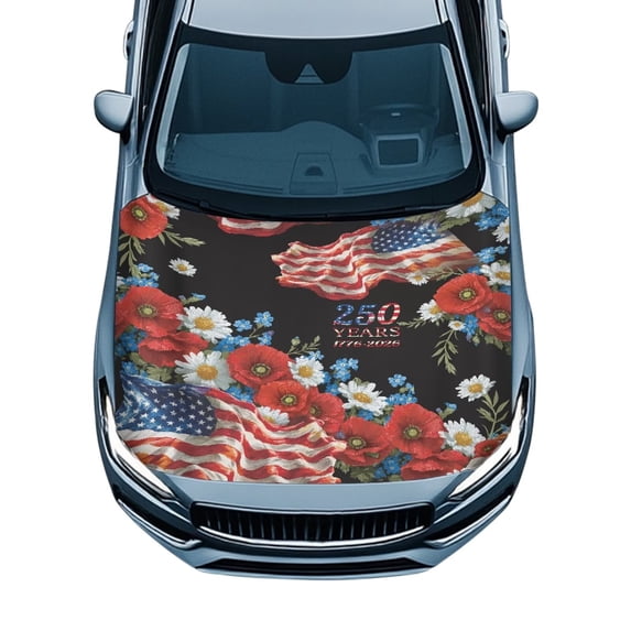 HUIACONG Patriotic 250th Anniversary US Flag Floral Car Hood Cover, Universal Fit Stretchable Breathable Washable Hood Protector for Most Sedans, Auto Exterior Decor Accessory 39.37" x 59.05"