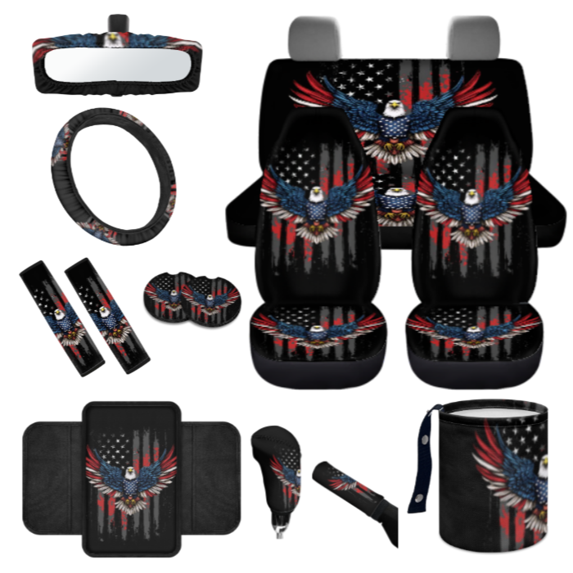 HUIACONG Patriotic Eagle Car Interior Accessory Kit, with Armrest Cover Car Armrest Cover Automotive Mirror Protector Steering Wheel Cover