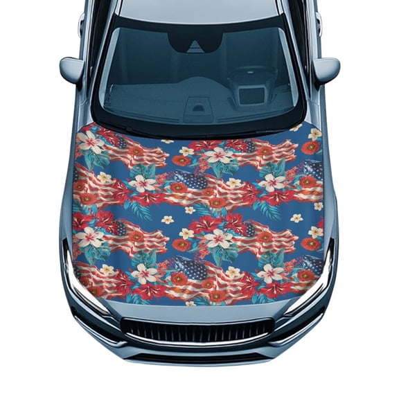 HUIACONG Patriotic Floral Print Car Hood Cover, Universal Fit 39.37"x59.05" Stretchable Washable Breathable Dustproof Front Bonnet Protector, Auto Exterior Decor Accessory for Most Sedans