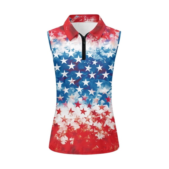 HUIACONG Patriotic Star Pattern Breathable Women's Golf Sleeveless Shirt, Anti Fade Half Zip Collared Sleeveless Shirts for Tennis Sports Running