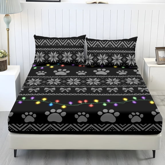HUIACONG Paw Print Christmas Deep Pocket Fitted Sheet, Stretchy Wrinkle Resistant Polyester Bed Sheet with Non Slip Secure Corners, Fade Resistant Machine Washable Mattress