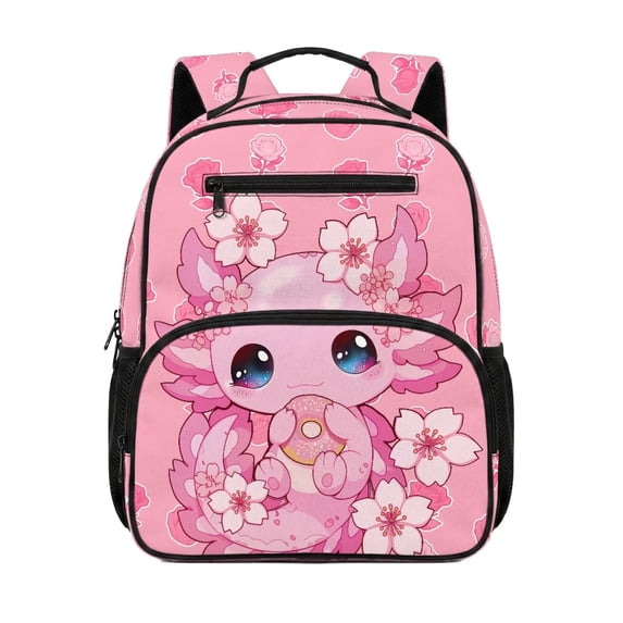 HUIACONG Pink Axolotl Sakura Kids School Backpack 13.5 Inch Water Resistant Hard-Wearing Bookbag with Adjustable Breathable Padded Straps Multi Pockets Large Capacity Lightweight Bag for Girls Boys