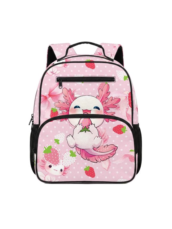 Pink Axolotl Strawberry 13.5 Inch School Backpack for Kids, Water Resistant Bookbag with Adjustable Breathable Padded Straps, Large Multi Pocket Bag for School Travel Daily Use