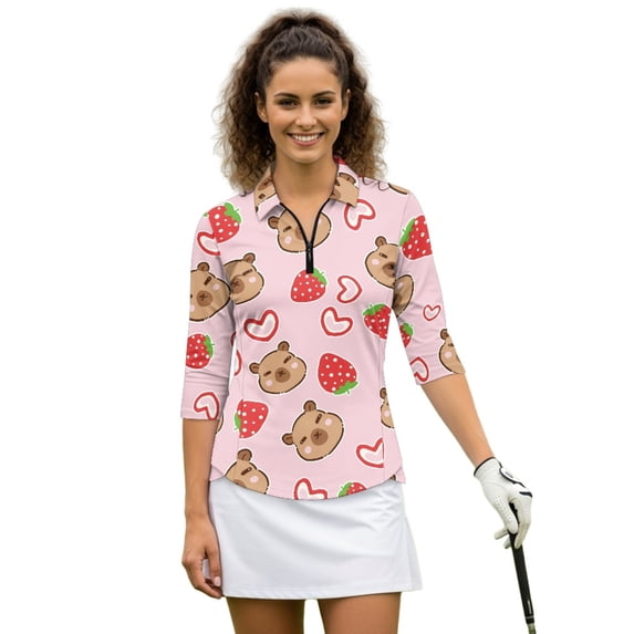 HUIACONG Pink Bear Strawberry Ladies Golf Top 3/4 Sleeve, Quarter Zip Durable Women's Golf Polo Shirts Breathable Women's Golf Top
