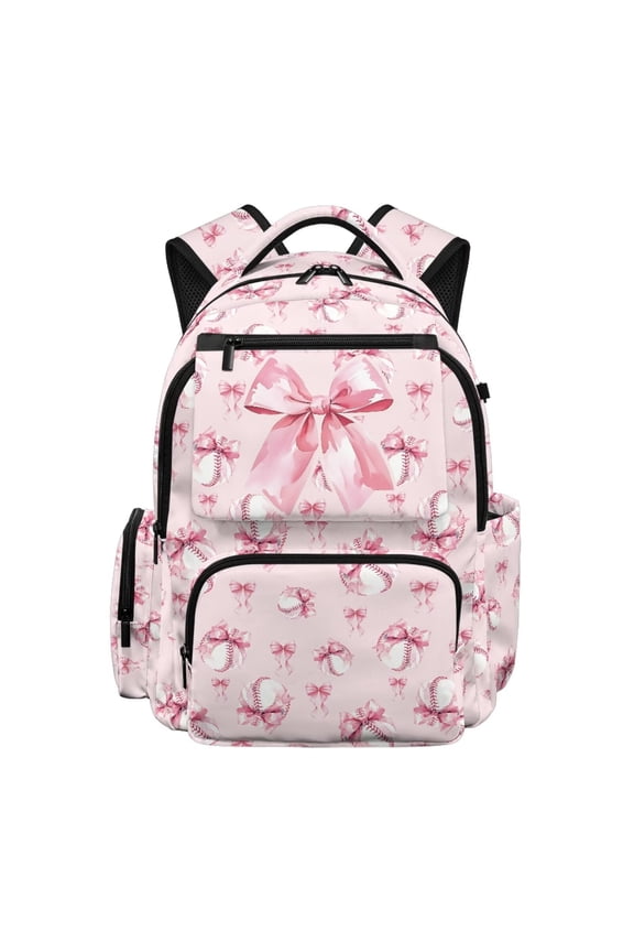 Pink Bow Baseball Print School Backpack Lightweight Spacious Book Bag with Adjustable Padded Straps Water Resistant Multi Pocket Sturdy Backpack for Girls Teens Daily Travel