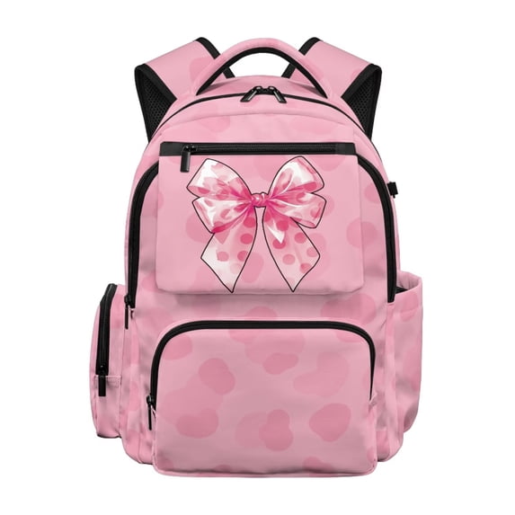 HUIACONG Pink Bow Print 16 Inch School Backpack for Girls Aged 6-14, Water Resistant Multi Pocket Bookbag with Adjustable Padded Straps Large Capacity for Primary Junior School