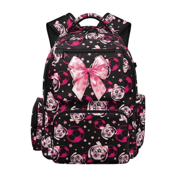 HUIACONG Pink Bow Soccer Print School Backpack for Girls Age 5-12, Multi Pocket Sturdy Bookbag, Adjustable Padded Straps, Water Resistant Lightweight Large Capacity School Bag for Kids