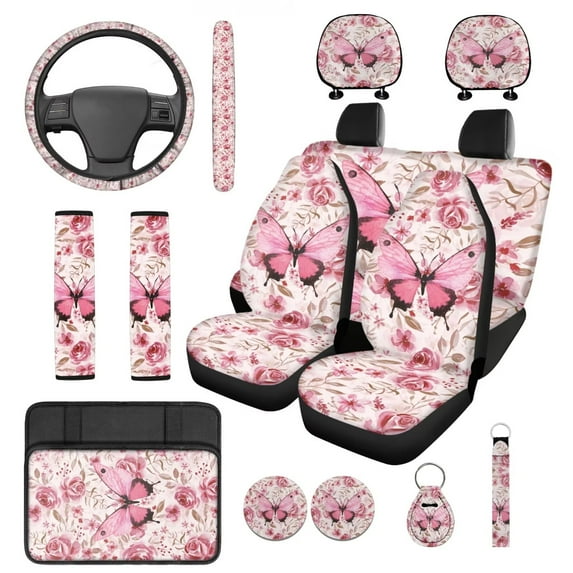 HUIACONG Pink Butterfly Car Accessories Seat Covers Full Set with Steering Wheel Cover Center Console Cover Seat Belt Cover Coasters Headrest Cover Keychain 14 Pcs Universal Fit