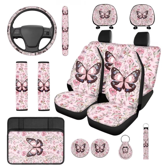 HUIACONG Pink Butterfly Car Seat Covers Full Set with Steering Wheel Cover Armrest Cover Seat Belt Pads Headrest Covers Coasters Keychain 14 Pcs Fashionable Car Accessories for Women Interior