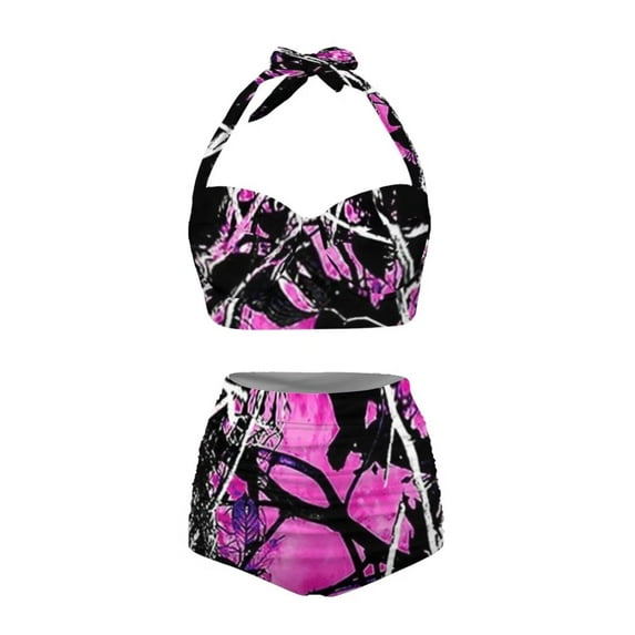 HUIACONG Pink Camo Hunting Womens High Waist Bathing Suit Summer Swimsuit Two Piece Set-M