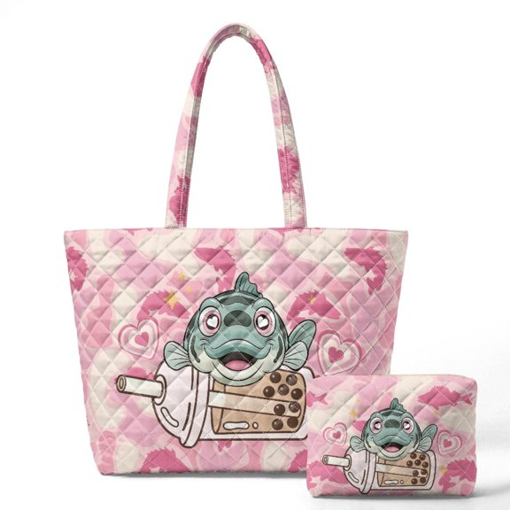 HUIACONG Pink Cartoon Fish Padded Shoulder Tote Bag 2 Pcs Set for Women, Stitched Texture Tear Resistant Zip Closure Large Inner Space with Matching Cosmetic Pouch for Work Travel