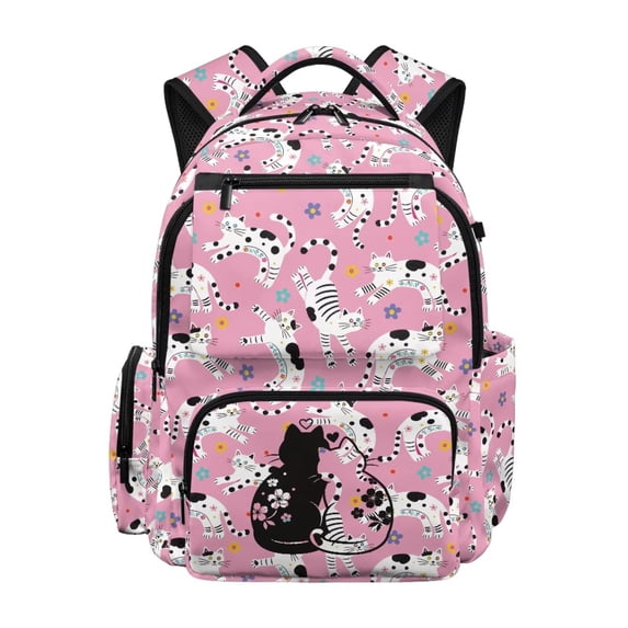 HUIACONG Pink Cat Print School Backpack for Kids Teens Age 5-16, Water Resistant School Bag with Adjustable Cushion Straps, Multi Pockets Sturdy Lightweight Bookbag for School & Travel