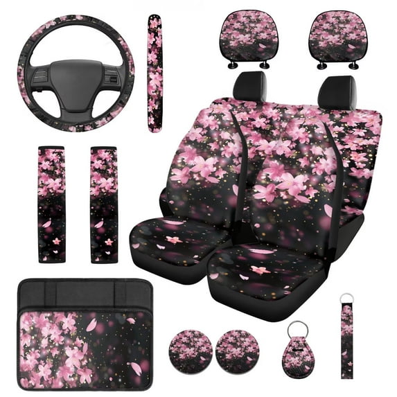 HUIACONG Pink Cherry Blossom Car Accessories Seat Covers Full Set with Arm Rest Cover Seat Belt Covers Steering Wheel Cover Coasters Headrest Cover Keychain 14 Pcs Universal Fit Most Cars SUV Sedan