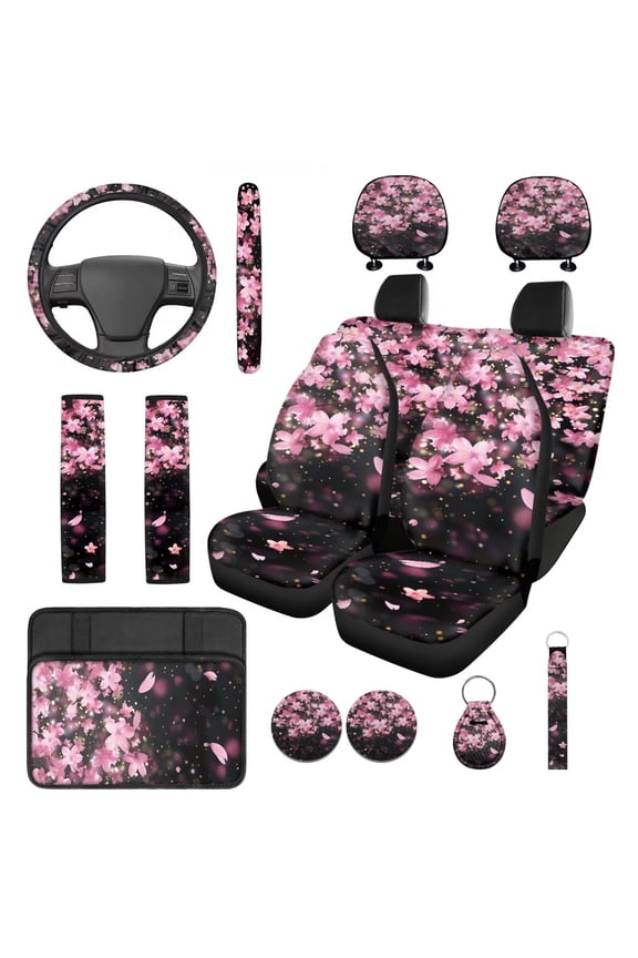 Pink Cherry Blossom Car Accessories Seat Covers Full Set with Steering Wheel Cover Armrest Cover Seat Belt Pads Headrest Cover Coasters Keychain 14 Pcs Washable & Easy Installation