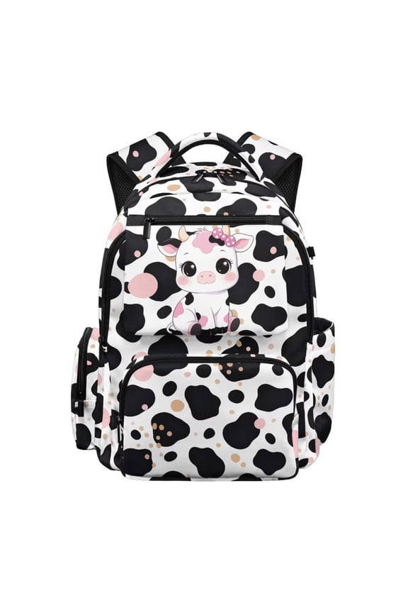 Pink Cow Print School Backpack for Kids Age 5-16 Water Resistant Lightweight Bookbag with Adjustable Padded Straps Multi Pocket Durable Bag for Primary School Travel Daily Use