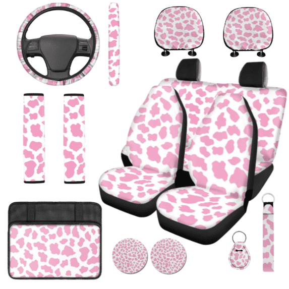 HUIACONG Pink Cow-print Car Interior Accessory Kit, with Hand Rest Pad Key Ring, Compatible with Trucks Sedans
