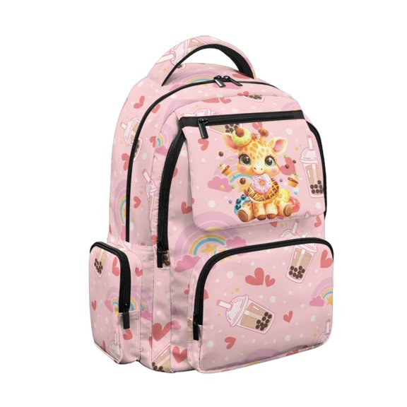 HUIACONG Pink Cute Giraffe Bubble Tea Print School Backpack for Girls Kids Age 5-16 Multi Pockets Water Resistant Bookbag Adjustable Padded Straps Lightweight Durable Daypack for Travel School