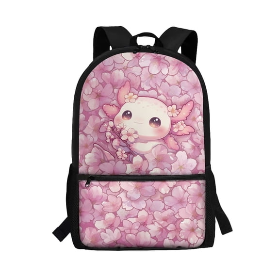 HUIACONG Pink Floral Axolotl Backpack for Daily School Use Multi Compartment Wear‑Resistant Large Capacity for Elementary Middle School Kids