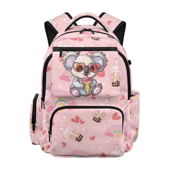 HUIACONG Pink Koala Bubble Tea Print School Backpack for Girls Age 5-16 Water Resistant Multi Pockets Adjustable Padded Straps Large Capacity Lightweight Bookbag for School Travel Daily Use