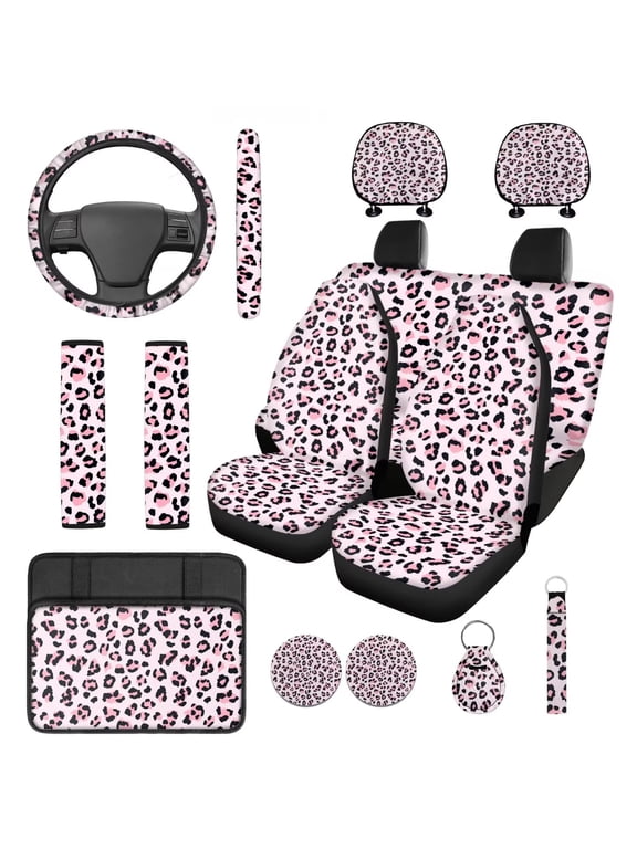 Pink Leopard Print Car Seat Cover Full Set with Steering Wheel Cover Coasters Seat Belt Pads Armrest Cover Headrest Cover Keychain,14 Pcs Auto Accessories for Women Interior,Easy to Install