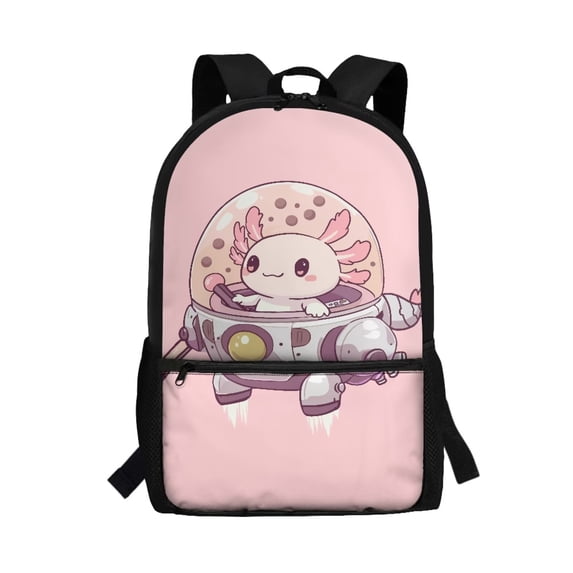 HUIACONG Pink Space Axolotl Backpack for Daily School Use Multi Compartment Wear‑Resistant Large Capacity for Elementary Middle School Kids