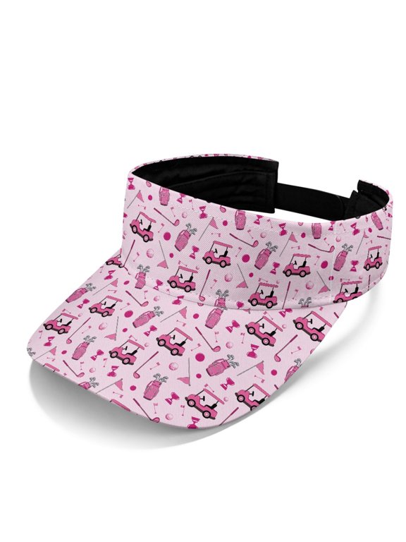 Pink Themed Golf Element Pattern Sun Visor Cap for Women, Polyester Fabric UV Protection Adjustable Sports Visor Hat for Running Hiking Tennis